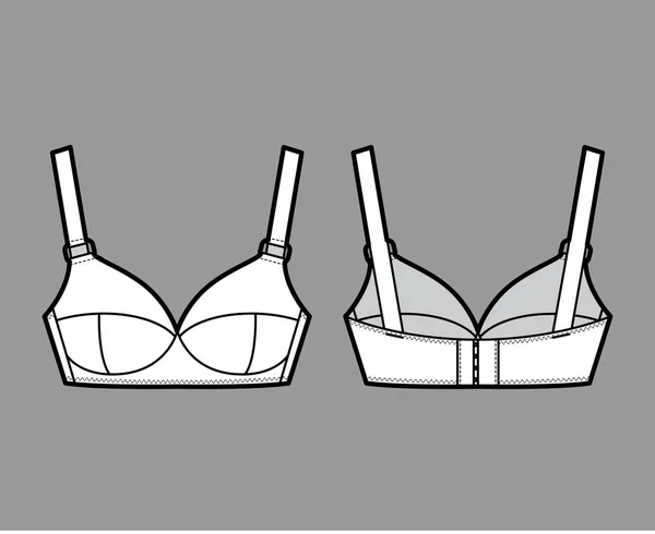 Maternidade Sutiã lingerie moda técnica ilustração com alças ajustáveis, copos moldados, fecho de gancho e olho — Vetor de Stock