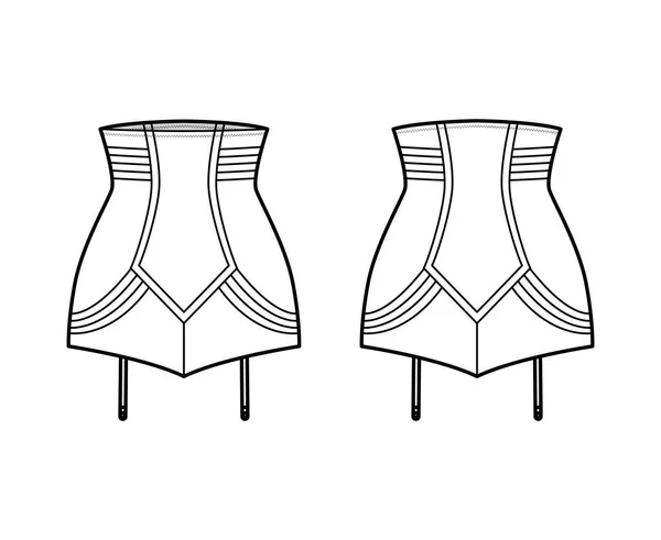 Колготки пояса Винтаж Посмотрите Высокая талия нижнее белье техническая мода иллюстрация с прикрепленными подвязками. Плоский шаблон — стоковый вектор