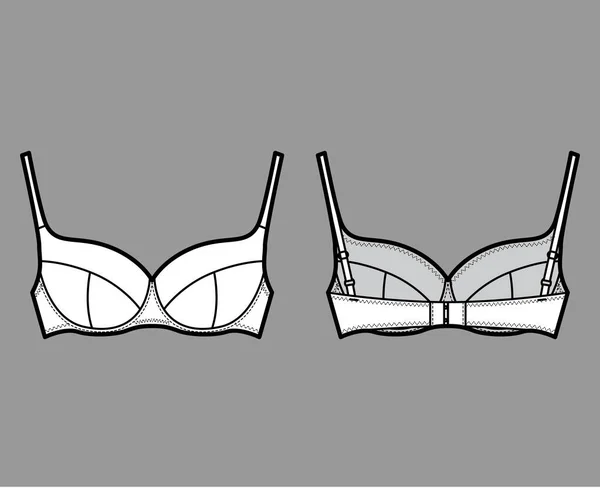 BH lingerie technische mode illustratie met volledig verstelbare schouderbanden, gegoten cups, haak-en-oog sluiting. — Stockvector