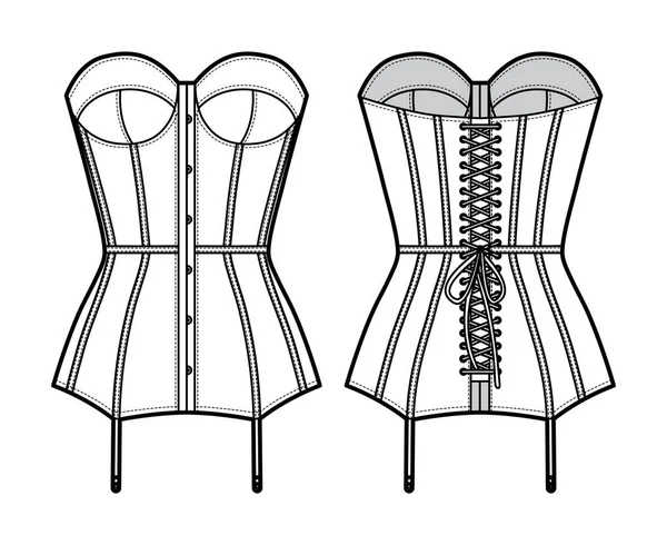 Torsolette basco bustier lingerie ilustração de moda técnica com copo moldado, volta atado, ligas anexadas. Plano — Vetor de Stock