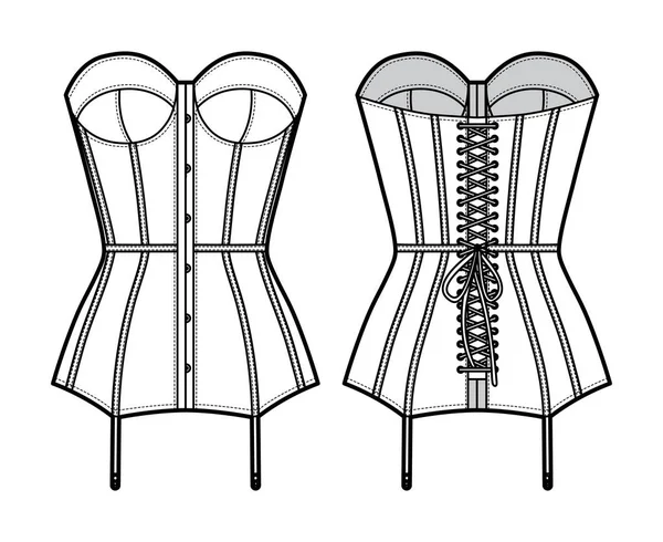 Torsolette baszk bustier fehérnemű technikai divat illusztráció penészes csésze, hátsó lakkozott, csatolt harisnyakötők. Lapos — Stock Vector