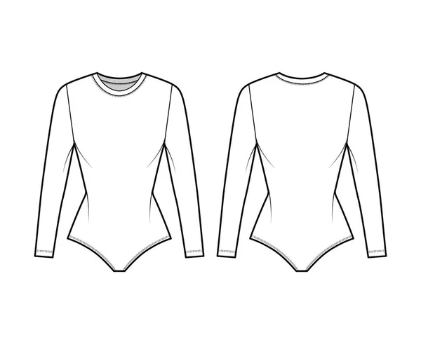 Camisola elástica bodysuit ilustração de moda técnica com pescoço de tripulação, mangas compridas, corpo equipado. Plana de uma peça —  Vetores de Stock