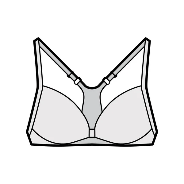 Bra racerback front closure lingerie technical fashion illustration with adjustable shoulder straps. Flat brassiere — Stock Vector