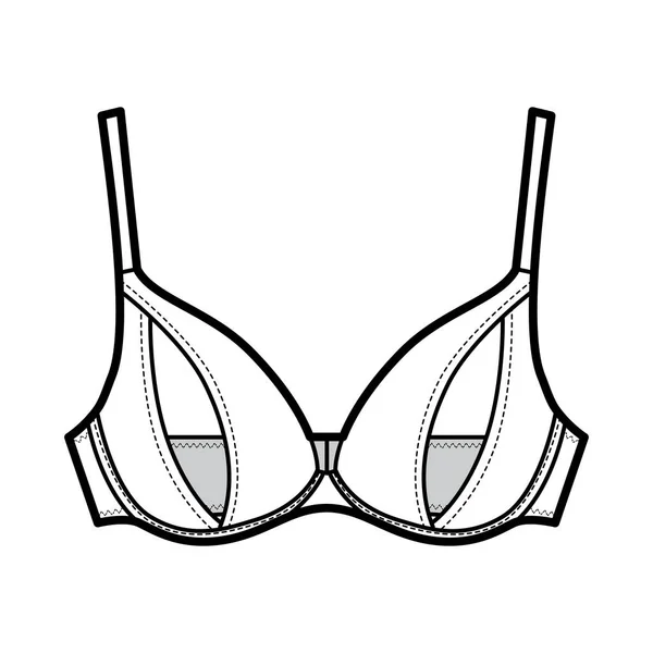 Peephole Bra lencería técnica moda ilustración con correas de hombro ajustables, con aros, cierre de gancho y ojo — Vector de stock