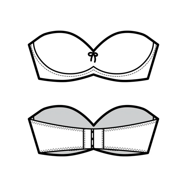 Bra strapless lingerie technical fashion illustration with molded cups, hook-and-eye closure. Flat brassiere template — Stock Vector