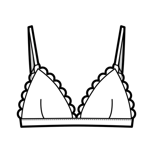 Triangle Bra Dessous technische Mode Illustration mit verstellbaren Trägern, Haken-und-Ösen-Verschluss, Muschelschalen. Flach — Stockvektor