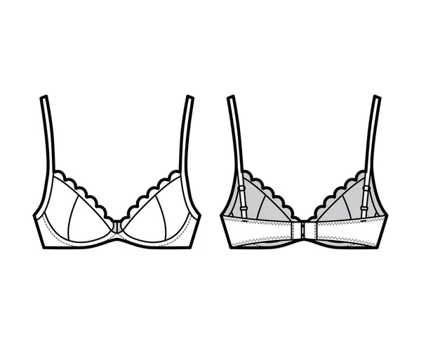 Sutiã vieiras copos lingerie ilustração de moda técnica com alças de ombro ajustáveis completas, fecho de gancho e olho — Vetor de Stock