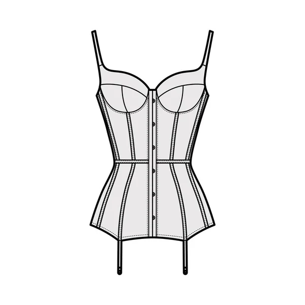 Corselette bustier Marry Widow lingerie technical fashion illustration with molded cup, back laced, attached garters. — Stock Vector