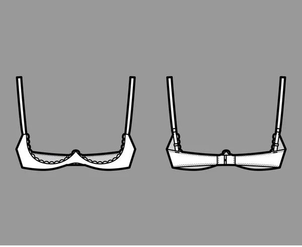 調節可能なショルダーストラップ、フックと目の閉鎖とブラシェルフオープンカップランジェリー技術的なファッションイラスト。フラット — ストックベクタ