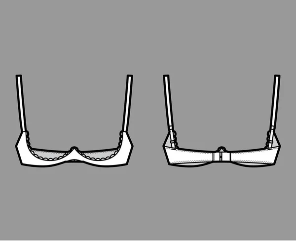 Σουτιέν ράφι ανοιχτή φλιτζάνι εσώρουχα τεχνική εικόνα μόδας με ρυθμιζόμενο ιμάντες ώμου, γάντζο και μάτι κλείσιμο. Επίπεδη — Διανυσματικό Αρχείο