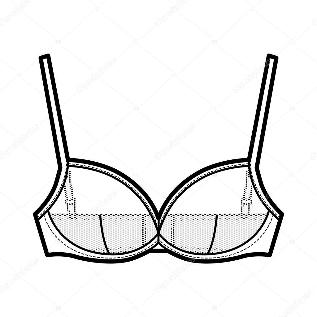 Sheer Bra lingerie technical fashion illustration with adjustable shoulder straps, hook-and-eye closure. Flat brassiere