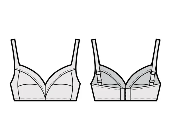Soutien-gorge soft cup lingerie illustration de mode technique avec bretelles entièrement réglables, fermeture crochet-oeil. Plat — Image vectorielle