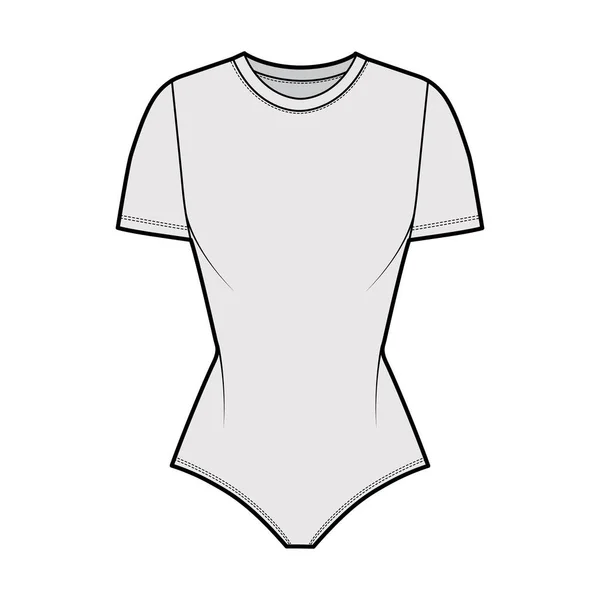 Camisola elástica bodysuit ilustração de moda técnica com pescoço de tripulação, mangas curtas, corpo equipado. Plana de uma peça —  Vetores de Stock