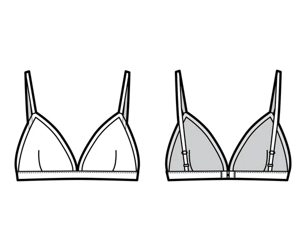 Triangle Podprsenka technické módní ilustrace s nastavitelnými popruhy, hák-a-oko uzavření, strmé okraje pohárky. Flat — Stockový vektor