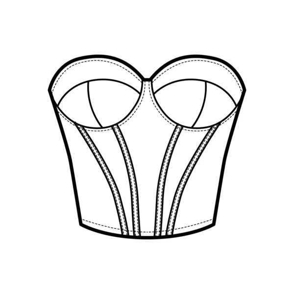 Bustier soutien-gorge corseterie à la palangre lingerie illustration de mode technique avec tasse moulée, os, fermeture crochet-et-oeil. Plat — Image vectorielle