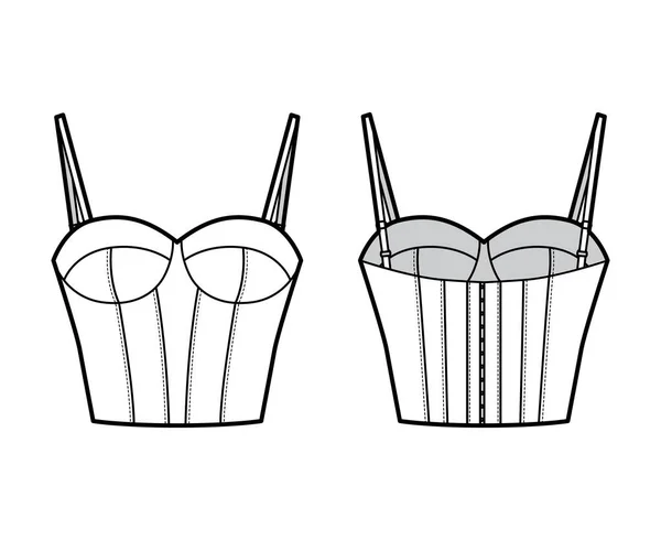 Podprsenka dlouhé prádlo technické módní ilustrace s nastavitelnými ramenními popruhy, tvarovaný šálek, hák a oko uzavření — Stockový vektor