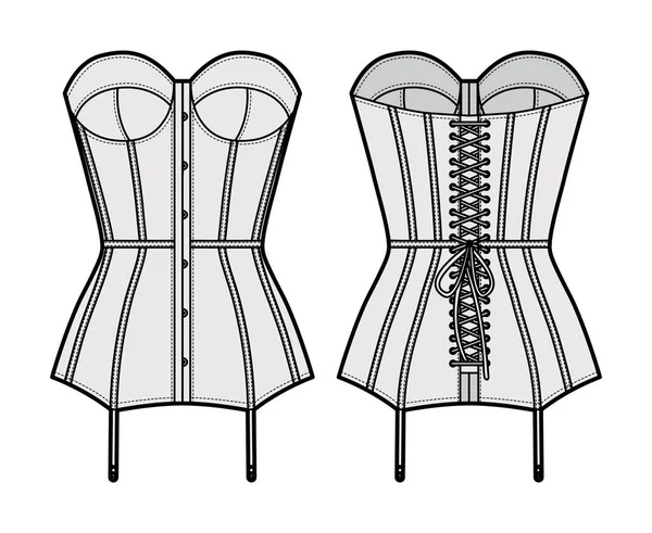 Torsolette basco bustier lingerie ilustração de moda técnica com copo moldado, volta atado, ligas anexadas. Plano —  Vetores de Stock