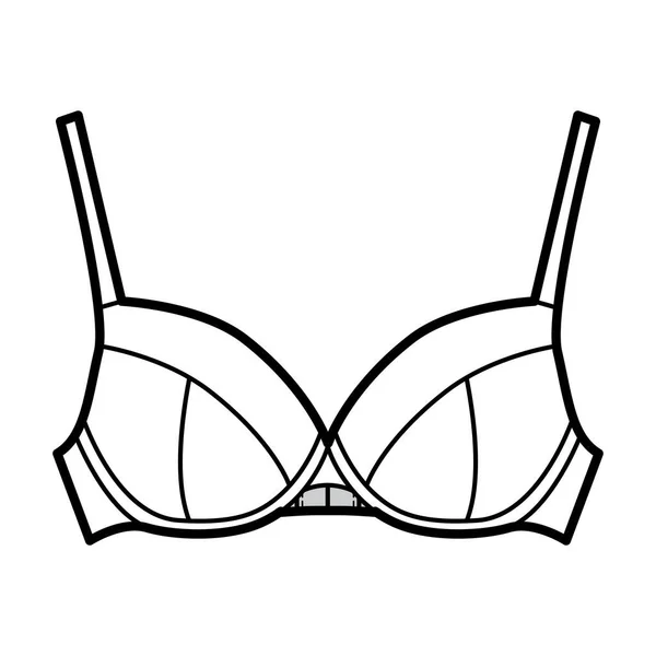 Bra full cup lingerie technical fashion illustration with full adjustable shoulder straps, hook-and-eye closure. — Stock Vector