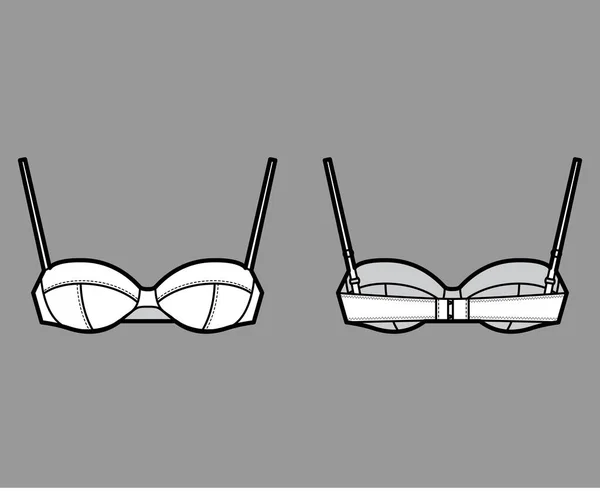 Balkonette podprsenka technické módní ilustrace s plně nastavitelné ramenní popruhy, poháry, háček a oko uzavření — Stockový vektor