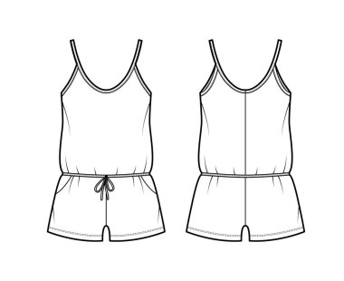 Teddy Romper desenli, yakalı, şortlu, teknik moda illüstrasyonu. Düz tek parça iç çamaşırı