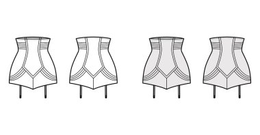 Külotlu korse, yüksek bel iç çamaşırı, jartiyer takılı teknik moda illüstrasyonları. Düz şablon 