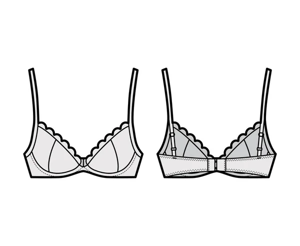 Soutien-gorge gobelets festonnés lingerie illustration de mode technique avec bretelles entièrement réglables, fermeture crochet-et-oeil — Image vectorielle