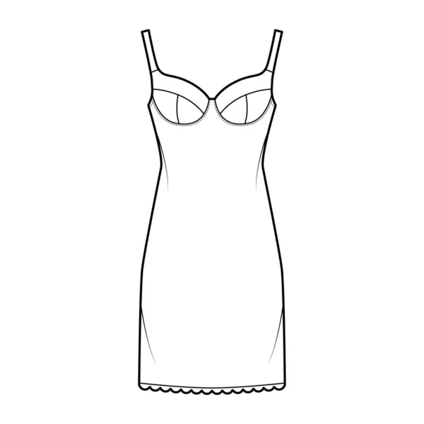 Soutien-gorge robe de lingerie slip illustration de mode technique avec tasse moulée, bretelles réglables, bord festonné — Image vectorielle