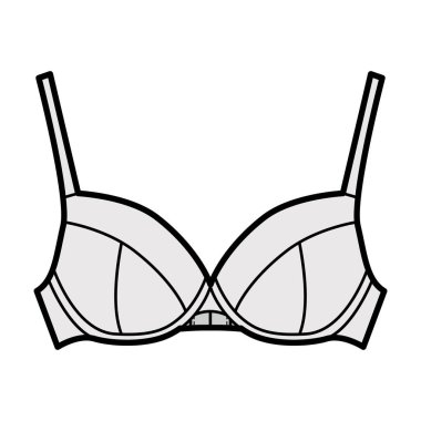 Sütyen dolu iç çamaşırı, tam ayarlanabilir omuz kayışları, kanca ve göz kapama ile teknik moda illüstrasyonu.. 