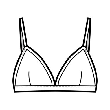 Üçgen sutyen iç çamaşırı teknik tasviri ayarlanabilir kayışlar, kanca ve göz kapakları, saf kenar bardaklar. Düz
