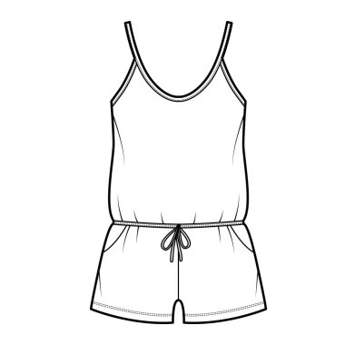 Teddy Romper desenli, yakalı, şortlu, teknik moda illüstrasyonu. Düz tek parça iç çamaşırı