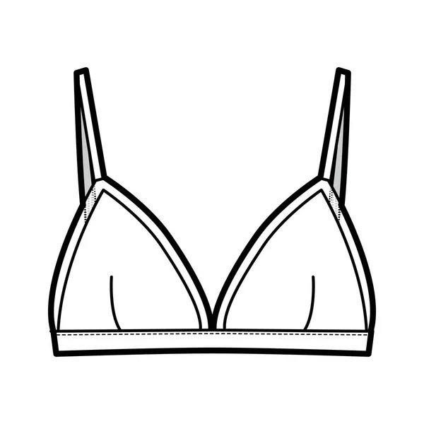 Triangle Bra lingerie technical fashion illustration with adjustable straps, hook-and-eye closure, sheer edge cups. Flat — Stock Vector