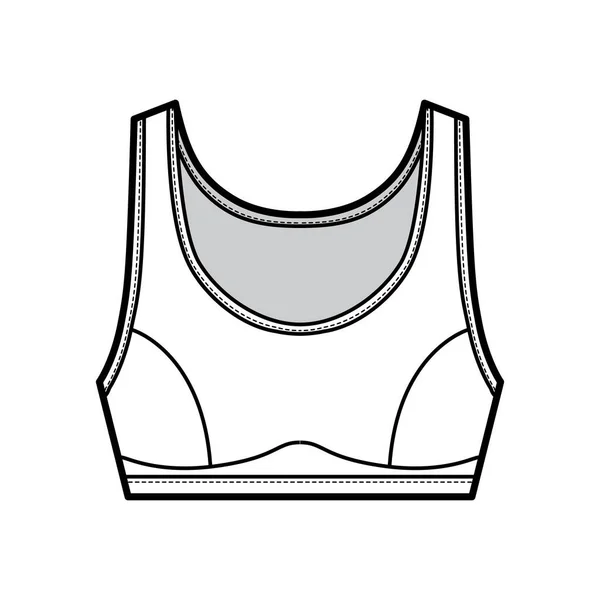 Sport Bra lingerie top technical fashion illustration with wide shoulder straps. Flat brassiere template — Stock Vector