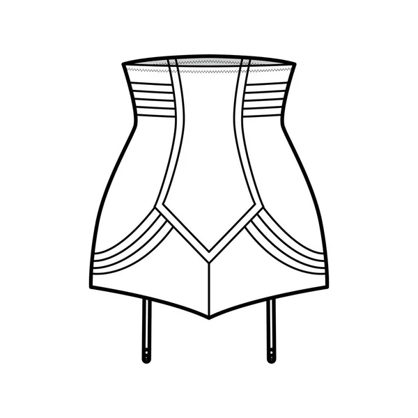 Ceinture Vintage Look High Waist lingerie illustration de mode technique avec jarretelles attachées. Modèle plat — Image vectorielle