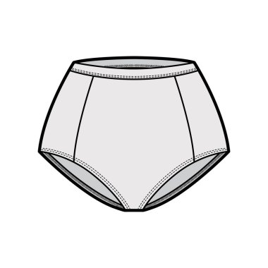 Külotlu iç çamaşırları, orta bel ve kalça kaplamalı teknik tasvirler. Düz iç çamaşırı.