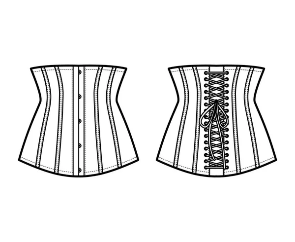 Cincher cintura espalda atada línea larga corsetry lencería técnica moda ilustración con huesos. Plantilla cinturón plano — Vector de stock