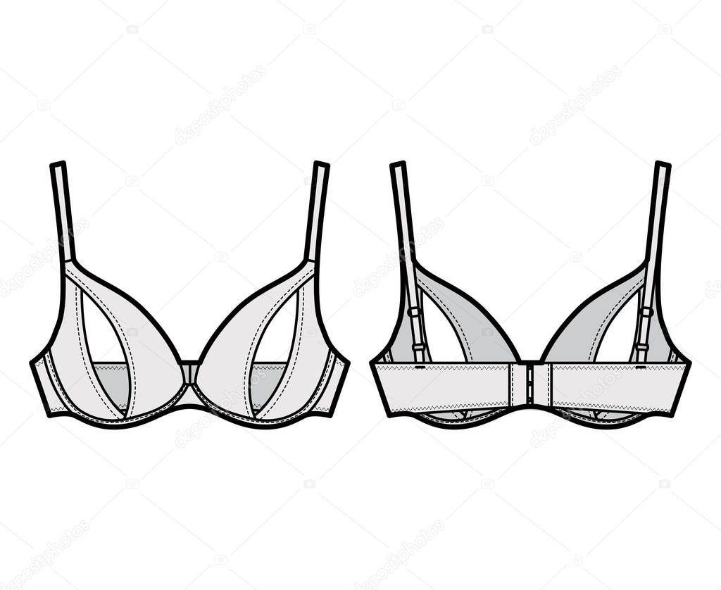 Peephole Bra lingerie technical fashion illustration with adjustable shoulder straps, Underwire, hook-and-eye closure