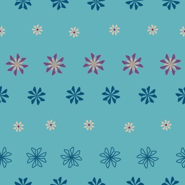 Stripes of flowers on blue background, seamless vector pattern