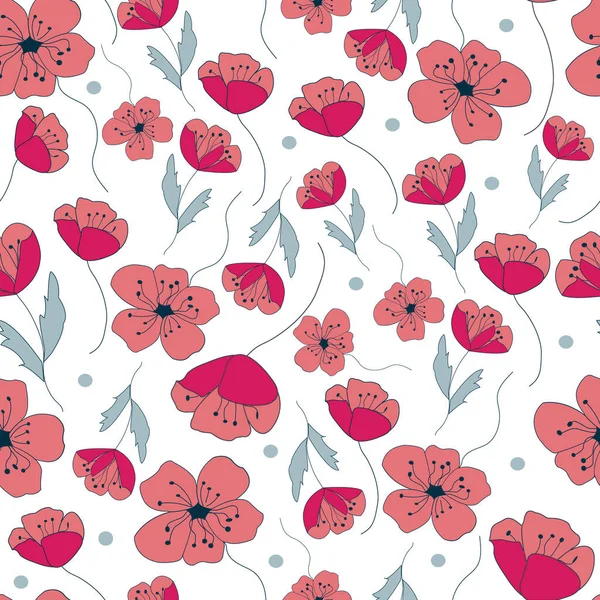 Amapolas para siempre, vector de repetición sin costuras con flores de amapola en flor — Vector de stock