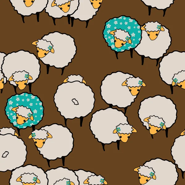 Овцы мелькают вокруг, бесшовный векторный рисунок на коричневом фоне — стоковый вектор