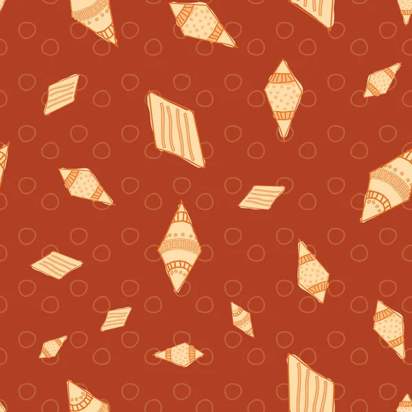 Родовые щиты оранжевые фигуры воздушного змея разбросаны на красном фоне Бесшовный узор Векторный рисунок в стиле каракулей — стоковый вектор