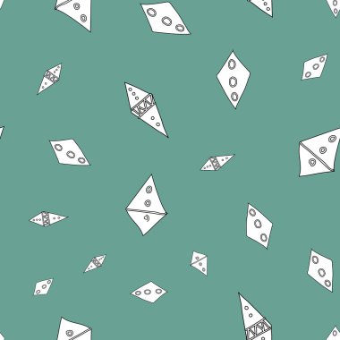 Uçurtmalar gökyüzü Doodle Deseni Cennetin yeşil zemininde elmas şekilli kusursuz desenli Vektör çizimi