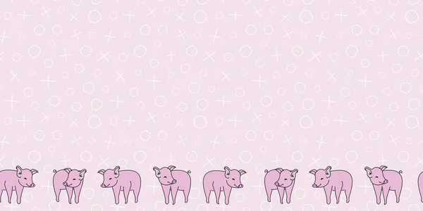 Sweet Pig Border horizontal Patrón sin costuras con sutiles marcas blancas sobre fondo rosa pálido. Ilustración vectorial. — Archivo Imágenes Vectoriales