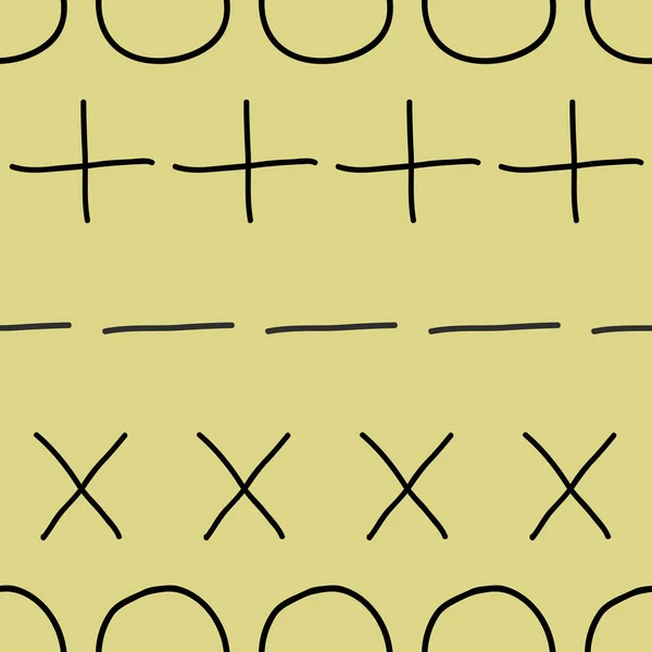 黄色の背景に記号マークを並べる+マイナスxシームレスベクトル繰り返しパターン — ストックベクタ