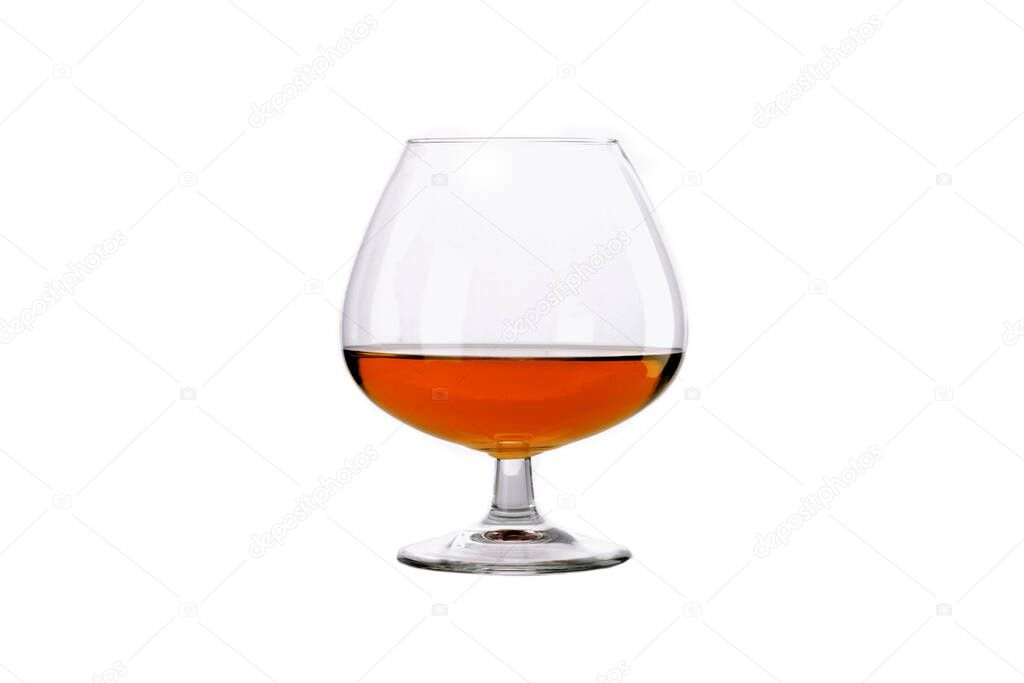 ball glass of French expensive cognac isolated on white background in central position