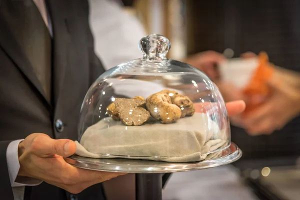 White Truffles Glass Cloche Tray Hand Waiter — Stock Photo, Image