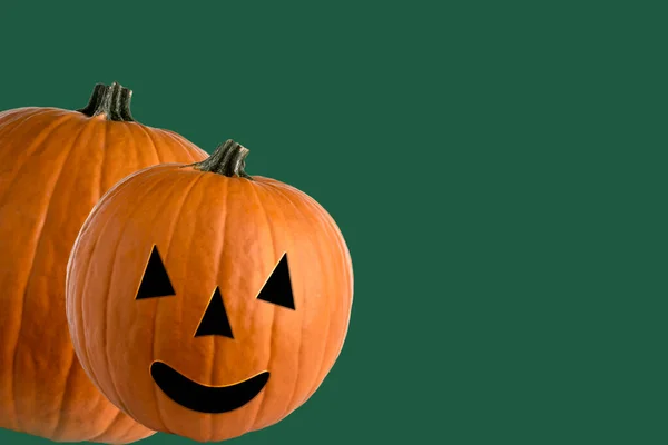 Halloween Jack Lantaarn Oranje Pompoen Abstracte Graphics Groene Achtergrond Tekstruimte — Stockfoto