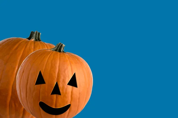 Halloween Jack Lantern Narancs Tök Elvont Grafika Kék Háttér Szöveges — Stock Fotó