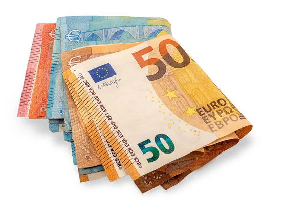 Billets Euros Pliés Isolés Sur Blanc Avec Coupure Incluse Lot — Photo