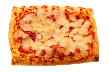 Domates soslu kare pizza ve mozzarella peyniri. Üst manzara izole.