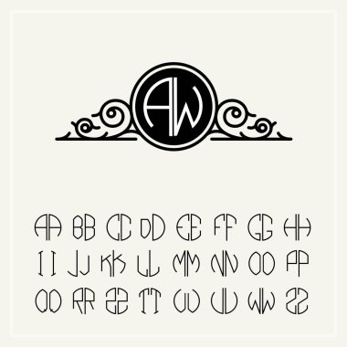 Monogram, iki harf daire içinde yazılı olan barok bir etiket. Bir daire içinde sığacak şekilde alfabe kümesi. Logolar, düğün tasarımlar için kullanılabilir.